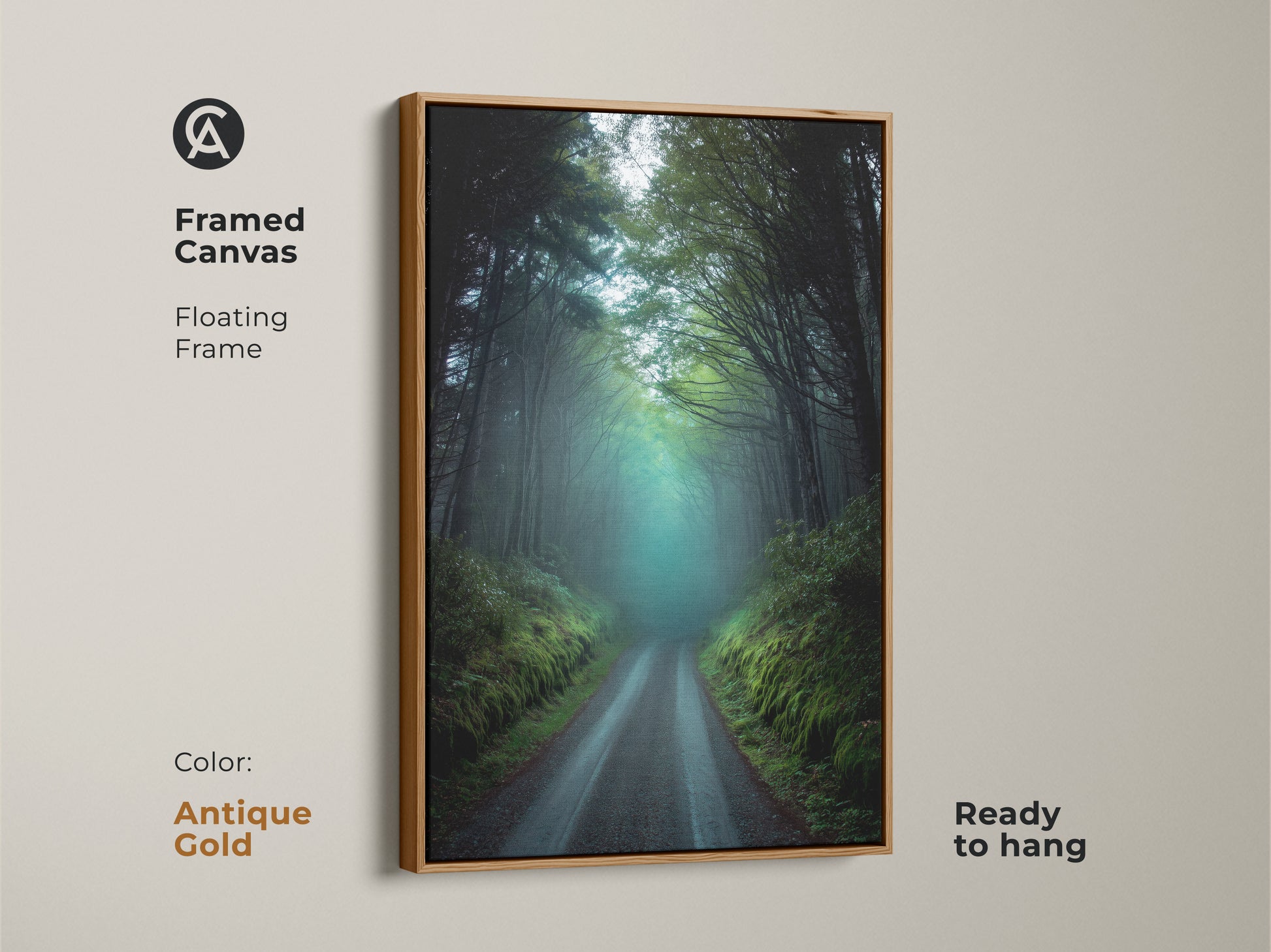 Framed canvas art featuring a misty forest road in an antique gold floating frame. This dark green teal nature landscape artwork adds rustic charm to your home. Ready to hang this print showcases foggy trees. It brings a serene atmospheric forest scene to your living space. A thoughtful gift