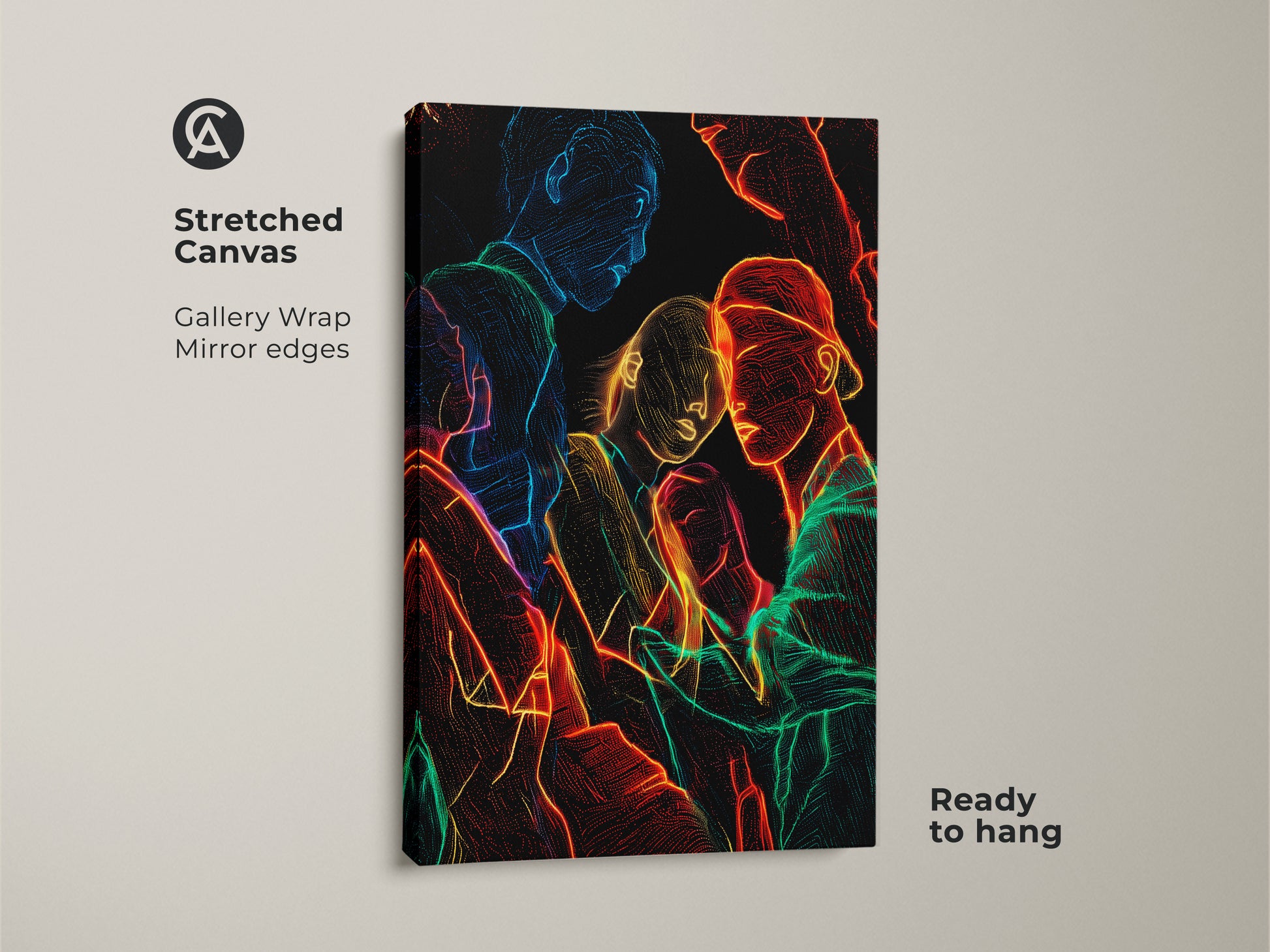 Stretched canvas featuring a neon line art group portrait. The abstract figurative wall art is a modern piece with red blue and green neon outlines. Gallery wrap with mirror edges makes it ready to hang adding unique home decor to any space.