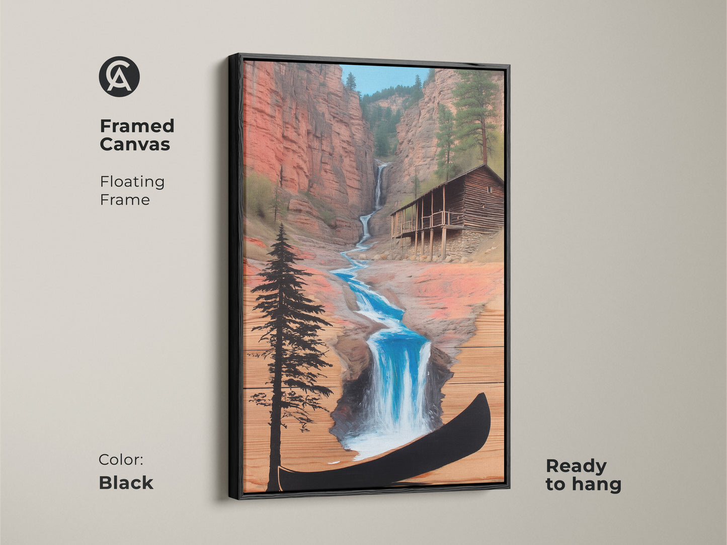 Framed Canvas of Rustic Cabin Waterfall Art. Floating frame in black enhances this adventure wall art. A blue waterfall leads to a cabin with a canoe. Ready to hang. Adds a farmhouse touch.