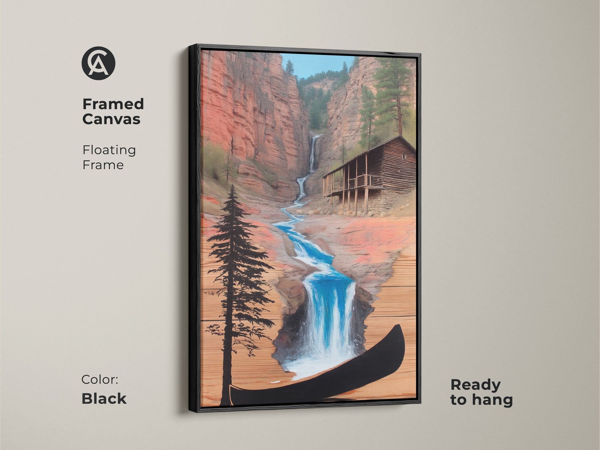 Framed Canvas of Rustic Cabin Waterfall Art. Floating frame in black enhances this adventure wall art. A blue waterfall leads to a cabin with a canoe. Ready to hang. Adds a farmhouse touch.