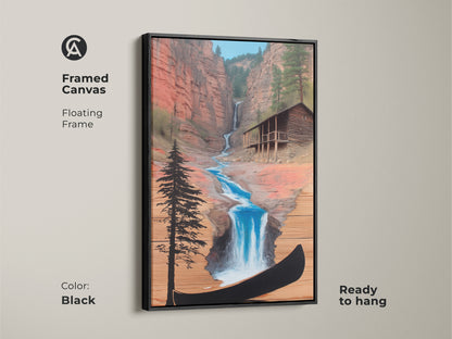 Framed Canvas of Rustic Cabin Waterfall Art. Floating frame in black enhances this adventure wall art. A blue waterfall leads to a cabin with a canoe. Ready to hang. Adds a farmhouse touch.
