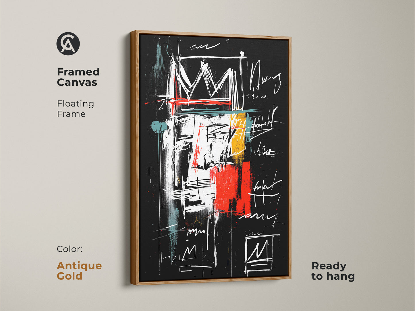 Framed canvas art with an antique gold floating frame. This abstract crown art adds a touch of luxury to any space. The floating frame enhances the artwork's visual impact. Ready to hang and enjoy. Perfect for those who appreciate contemporary design and bold statements.