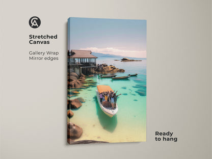 Stretched Canvas showcasing Turquoise Ocean Art. Gallery wrap with mirror edges. This beach boat trip print brings a coastal home decor vibe. Ready to hang. The artwork is a summer holiday canvas and island getaway print.