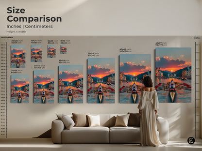 Size Comparison shows Inches and Centimeters. See various sizes of the art in room. Choose from 20x30 to 45x67 inches artwork. The art piece is available as Canvas or Poster to fit your decorative needs.