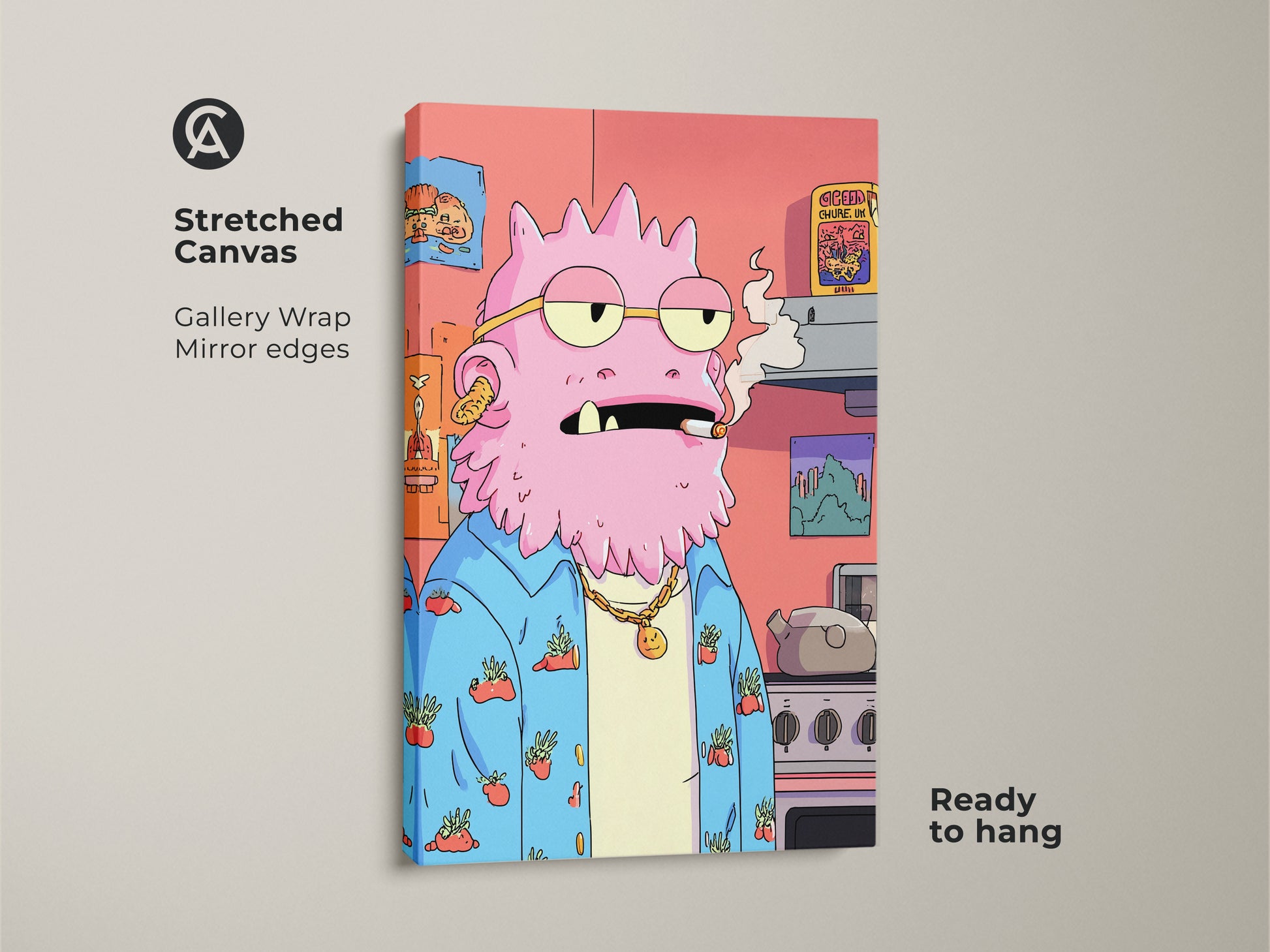 Stretched canvas of a quirky pink monster art print. This surreal character wall art has gallery wrapped mirror edges. It adds an eclectic touch to any room and is ready to hang. A unique and funny monster artwork for pop culture enthusiasts.