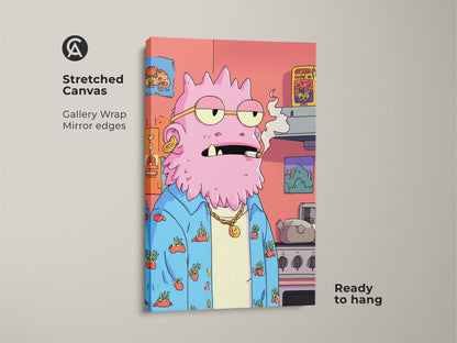 Stretched canvas of a quirky pink monster art print. This surreal character wall art has gallery wrapped mirror edges. It adds an eclectic touch to any room and is ready to hang. A unique and funny monster artwork for pop culture enthusiasts.