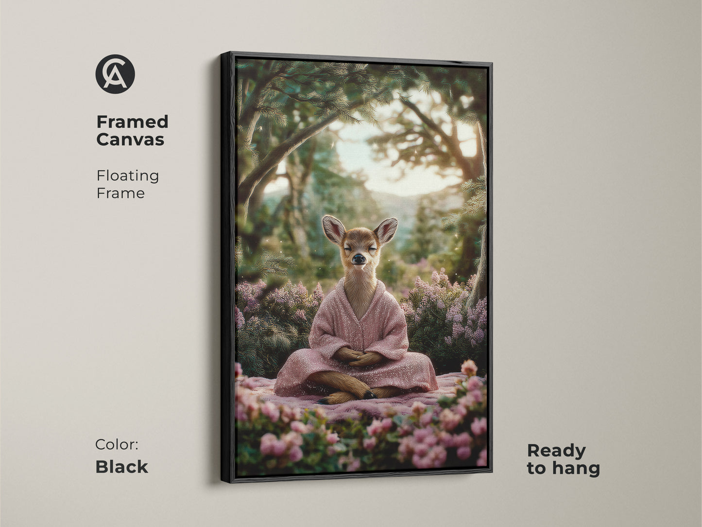 Framed pink green bedroom decor featuring a meditating deer. This spiritual nature canvas has a sleek black floating frame. It arrives ready to hang as a serene zen woodland creature art piece.