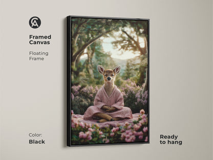 Framed pink green bedroom decor featuring a meditating deer. This spiritual nature canvas has a sleek black floating frame. It arrives ready to hang as a serene zen woodland creature art piece.