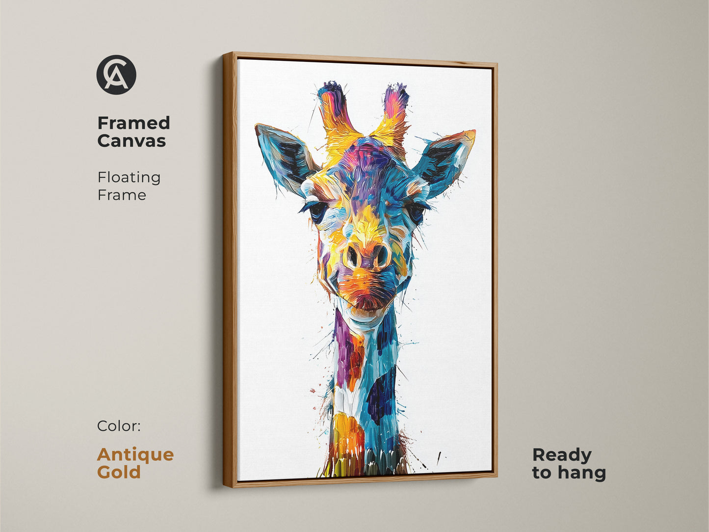 An antique gold framed canvas presents an abstract giraffe artwork. Ready to hang this colorful print adds style. This eclectic wildlife art is a unique gift. The blue yellow teal tones enhance any space. It's a perfect addition to modern decor.