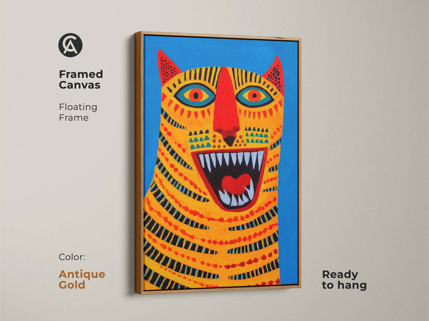 This is a bold abstract tiger art print. It is an eclectic folk style wall decor. The yellow blue and red animal canvas is perfect as a birthday gift. The vibrant tiger painting offers colorful abstract art. This is a unique tiger artwork.