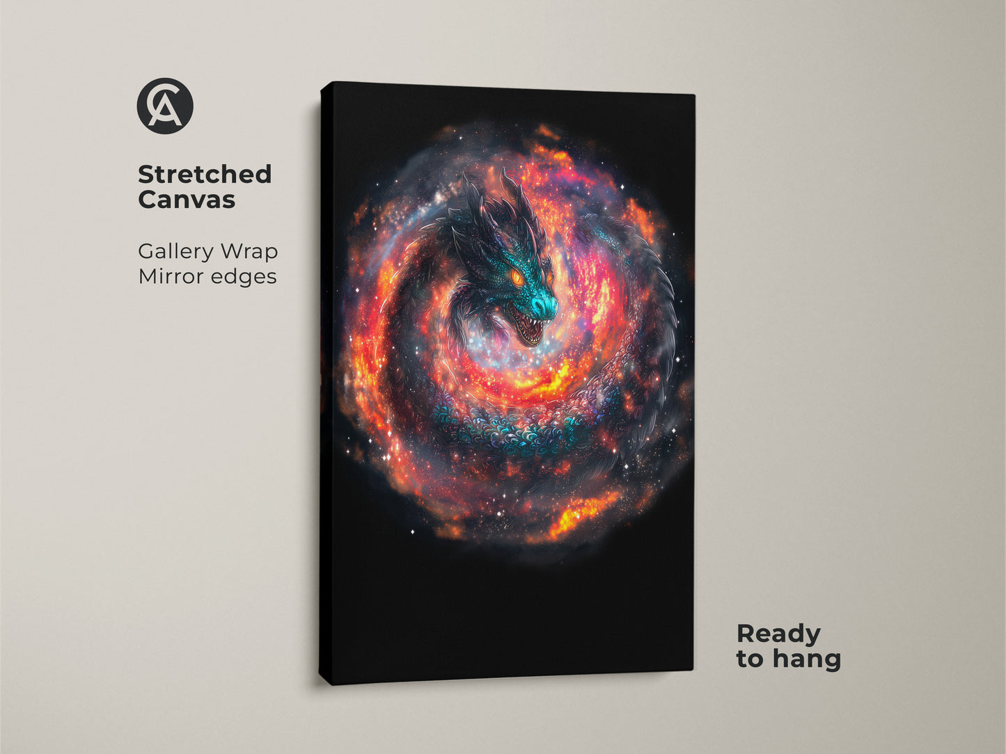 Stretched canvas of a cosmic dragon wall art. The gallery wrap has mirrored edges. This galaxy nebula canvas print is ready to hang. It's a perfect piece of fantasy dragon artwork. A great gift idea for dragon lovers.