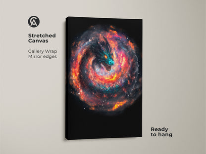 Stretched canvas of a cosmic dragon wall art. The gallery wrap has mirrored edges. This galaxy nebula canvas print is ready to hang. It's a perfect piece of fantasy dragon artwork. A great gift idea for dragon lovers.