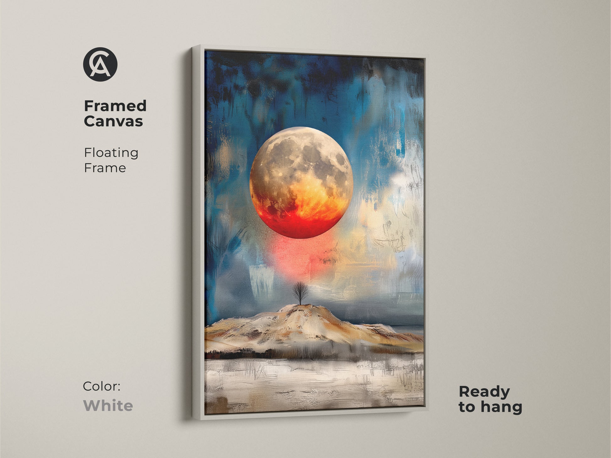 White framed canvas features a textured abstract moon. The celestial landscape art uses a floating frame that is ready to hang. The space painting provides an artistic touch to any bedroom or office. It's a unique wall hanging for modern homes.