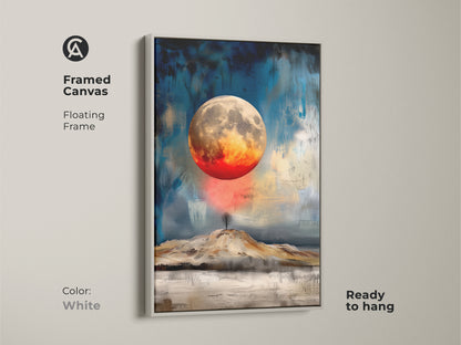 White framed canvas features a textured abstract moon. The celestial landscape art uses a floating frame that is ready to hang. The space painting provides an artistic touch to any bedroom or office. It's a unique wall hanging for modern homes.