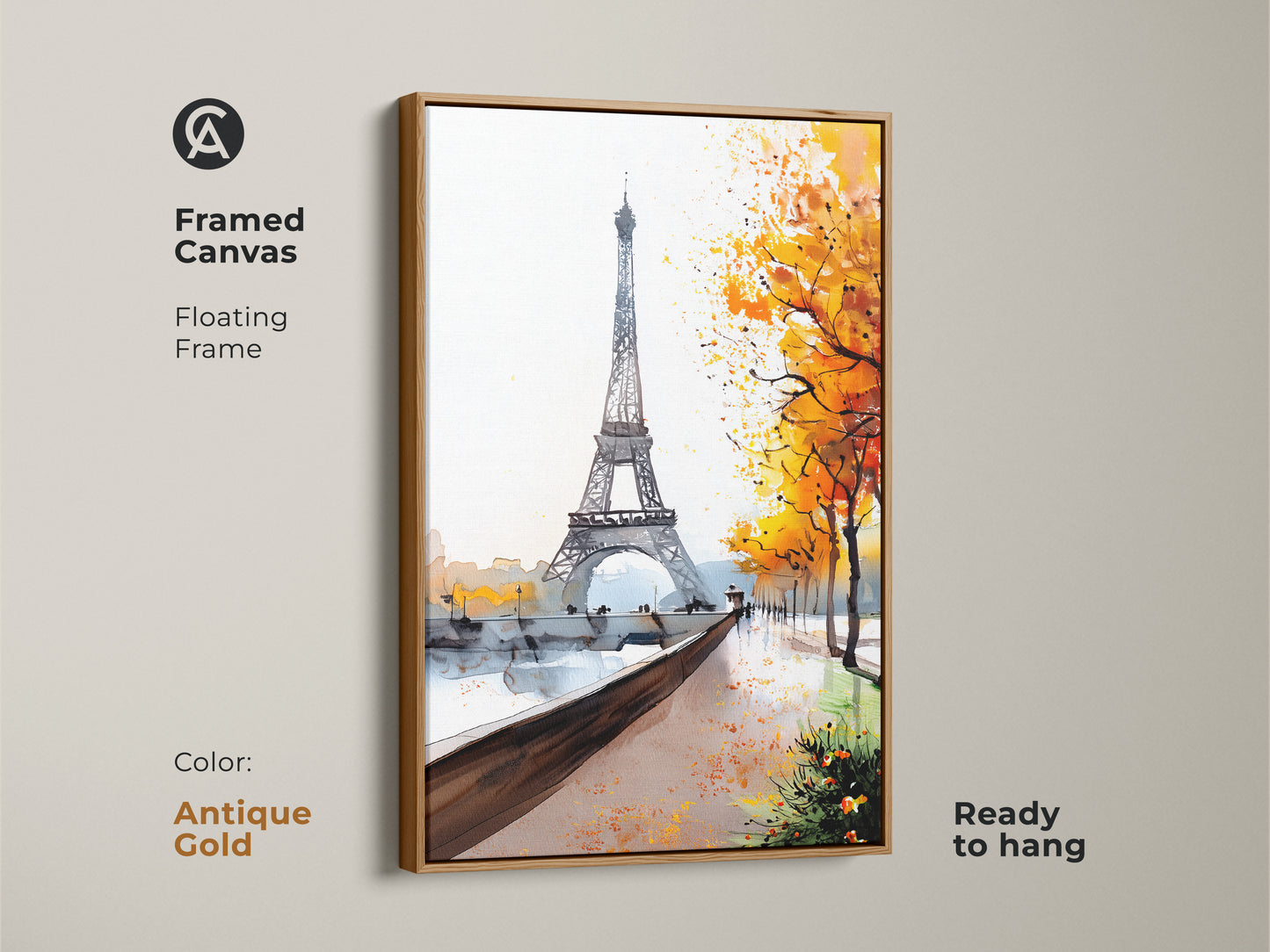 Framed Canvas of the Paris Eiffel Tower with a floating antique gold frame. The watercolor landscape art captures autumn trees. This French cityscape artwork and impressionistic Paris decor is perfect for travel-themed wall art.