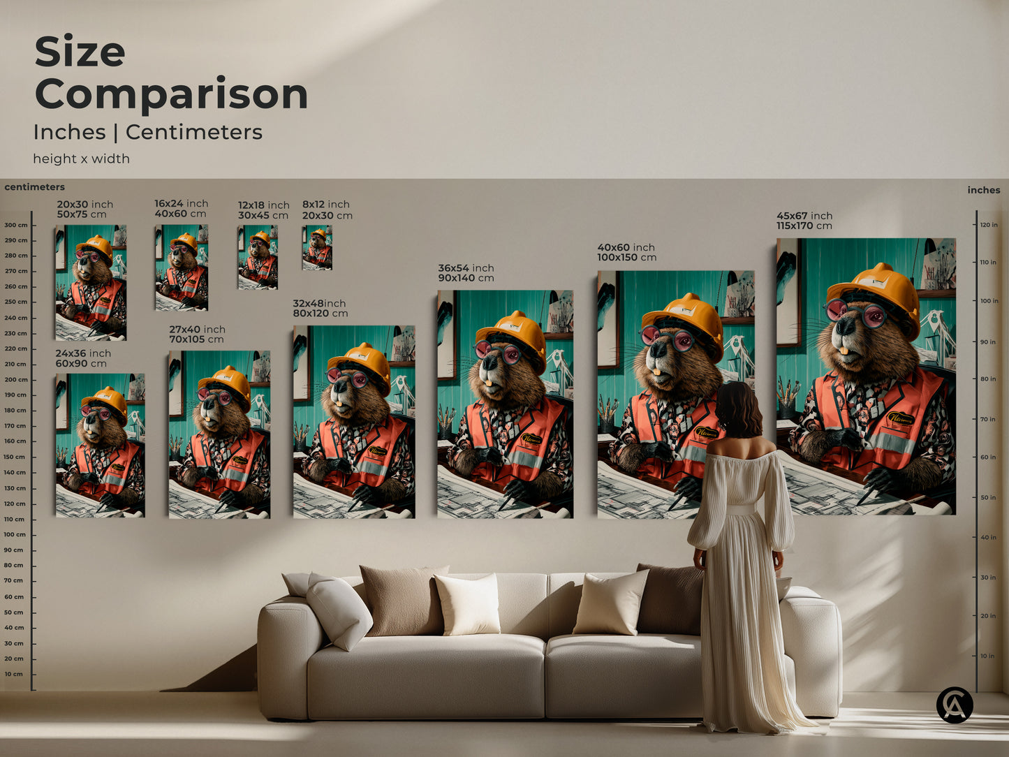 Size comparison for the beaver engineer art print. See it in sizes ranging from small to large. It is an ideal fit above a sofa in a living room setting. Choose the perfect size for your office or home decor.