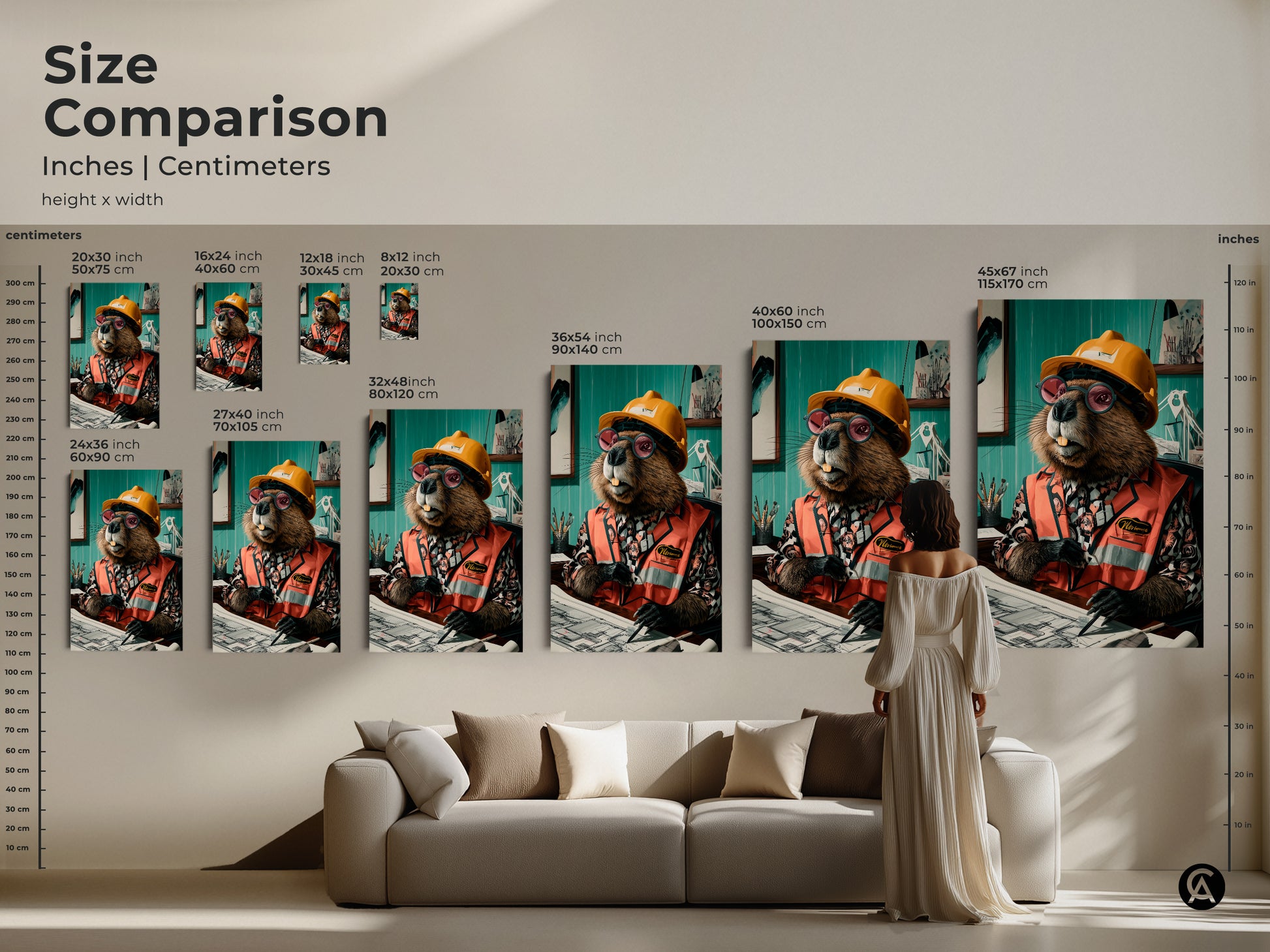 Size comparison for the beaver engineer art print. See it in sizes ranging from small to large. It is an ideal fit above a sofa in a living room setting. Choose the perfect size for your office or home decor.