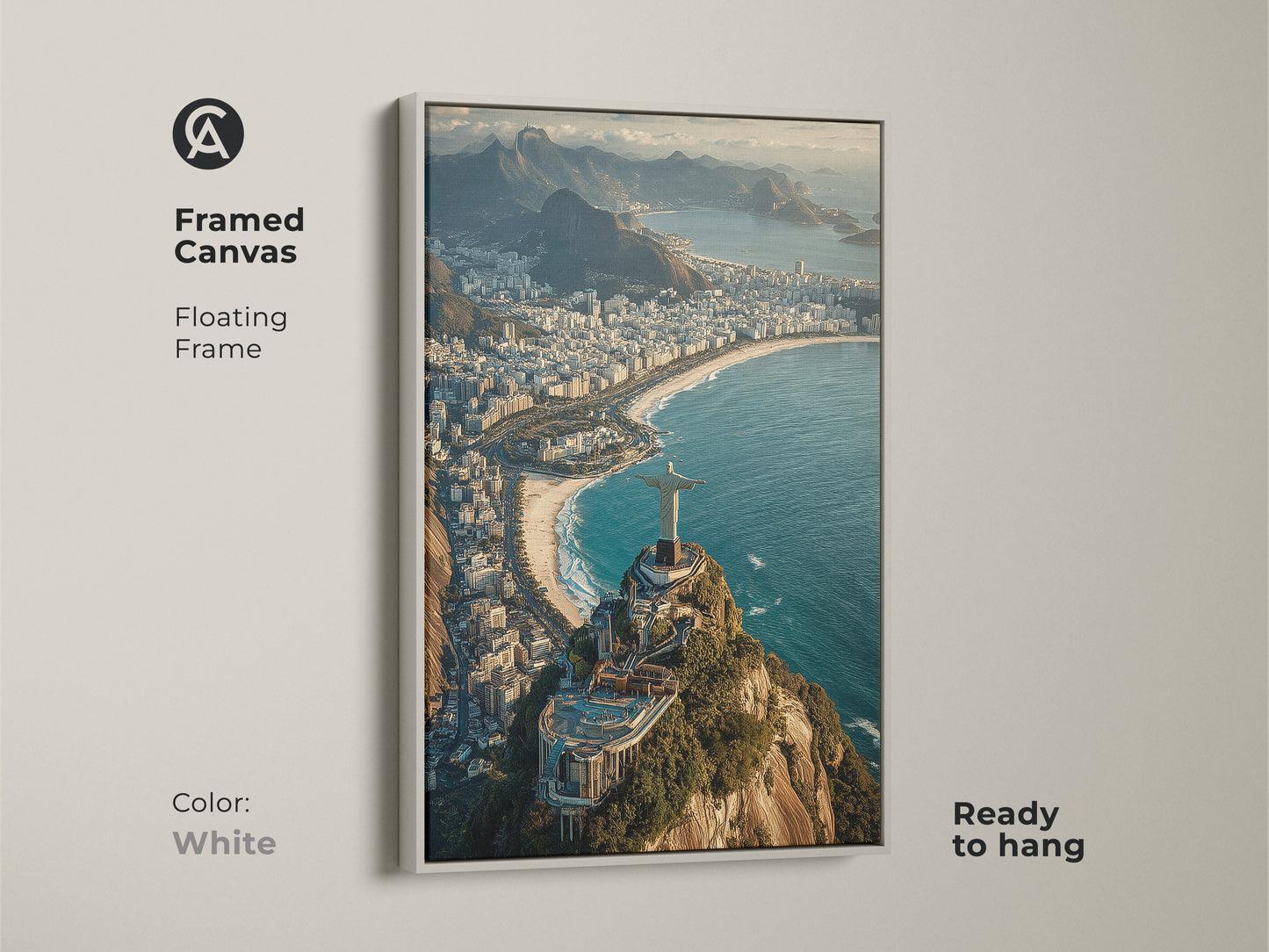 Framed canvas with a white floating frame showcases Christ the Redeemer. The Rio de Janeiro art piece offers an aerial cityscape. The blue green teal tones makes it perfect travel photography. Ready to hang this artwork enhances any home with a touch of Brazil.