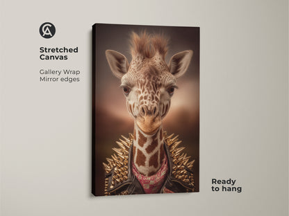Stretched canvas featuring a punk rock giraffe. It's a rockstar animal print ready to hang. Gallery wrapped with mirrored edges for a clean look. This unique art is perfect for eclectic decor. It is a man cave wall decor must-have.