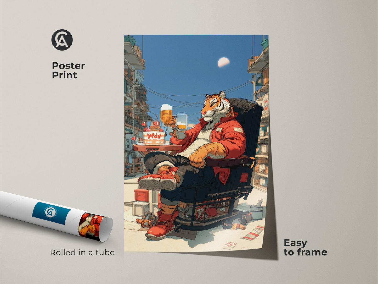 Poster print art of a tiger drinking beer. This pop surrealism canvas print is easy to frame. It's a unique eclectic animal lover gift. This funny tiger poster is rolled in a tube.