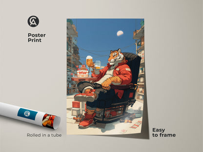 Poster print art of a tiger drinking beer. This pop surrealism canvas print is easy to frame. It's a unique eclectic animal lover gift. This funny tiger poster is rolled in a tube.