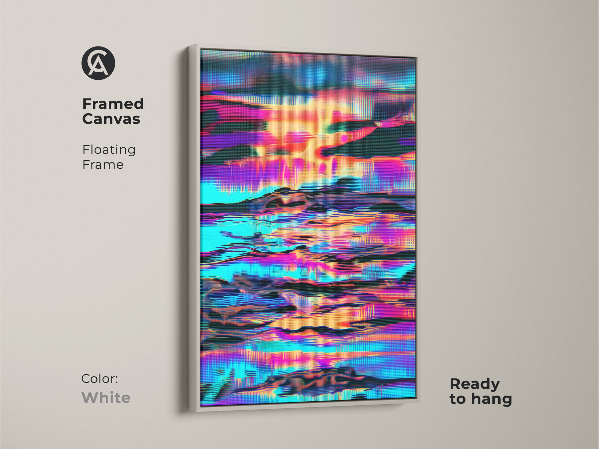 Framed canvas print featuring a glitch art skyline landscape set in a floating white frame. The artwork combines cyan orange and purple colors. This modern digital artwork is ready to hang. It is a versatile addition to any contemporary home or office.