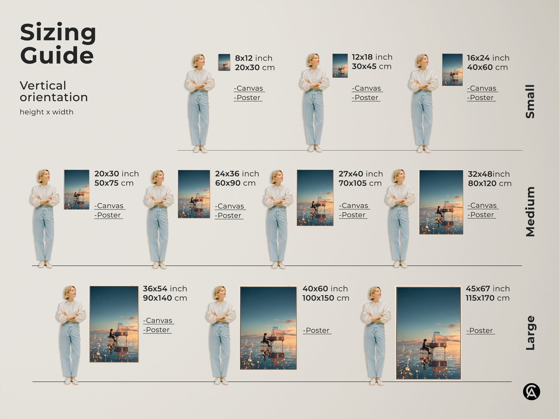 A sizing guide illustrates the vertical orientation of this piano artwork. Available in sizes from small to large for canvas or poster prints. Visualize the perfect fit for your wall decor needs.