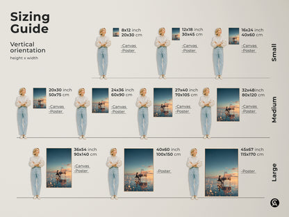A sizing guide illustrates the vertical orientation of this piano artwork. Available in sizes from small to large for canvas or poster prints. Visualize the perfect fit for your wall decor needs.