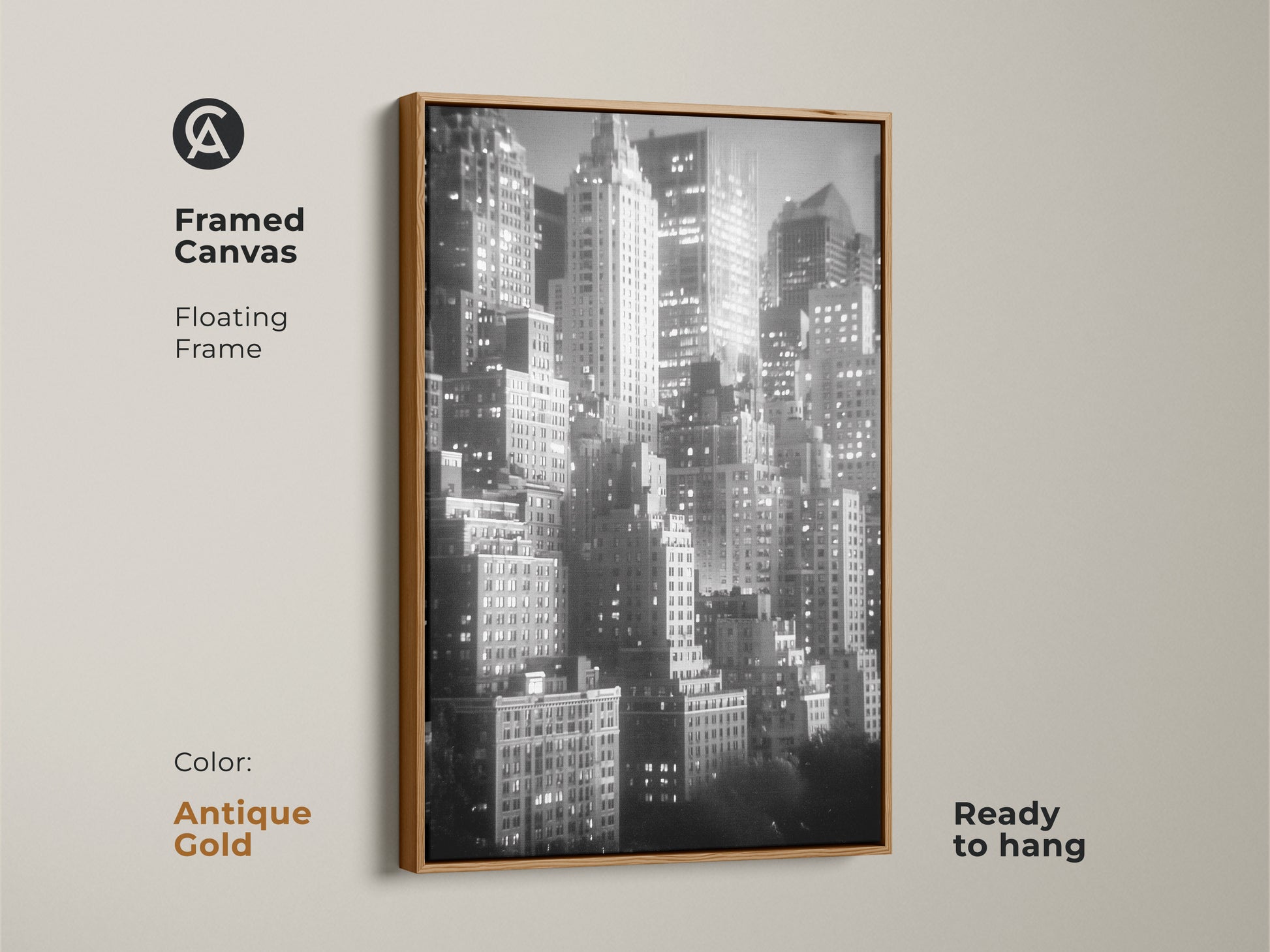 This framed canvas features a floating frame in antique gold. The black and white skyline artwork is ready to hang. Elevate your space with this timeless NYC cityscape art.