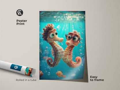 Poster print of cute seahorse and clownfish art. This kids room ocean wall art arrives rolled in a tube easy to frame. The aqua and orange underwater print is perfect for kids marine life art. It makes a charming ocean friends artwork for any child's room.