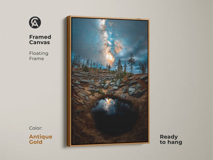 Framed canvas with antique gold floating frame displaying mountain pool astrophotography. This celestial wall decor combines nature and space. Ideal artwork for your living room or study. Ready to hang.