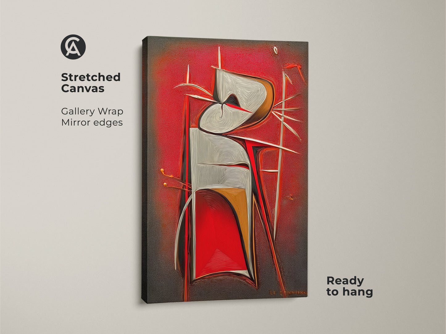 Stretched canvas gallery wrap of a surreal abstract figure. The modern geometric artwork is ready to hang. Red grey and white tones create a contemporary office art piece.