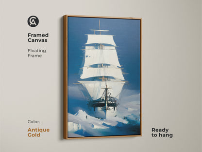 Adorn your walls with framed tall ship nautical wall decor. This canvas print with an antique gold floating frame portrays an Arctic Blue iceberg painting. Perfect for residential spaces a touch of maritime adventure or historical sailing art. A unique housewarming gift for lovers of nautical theme