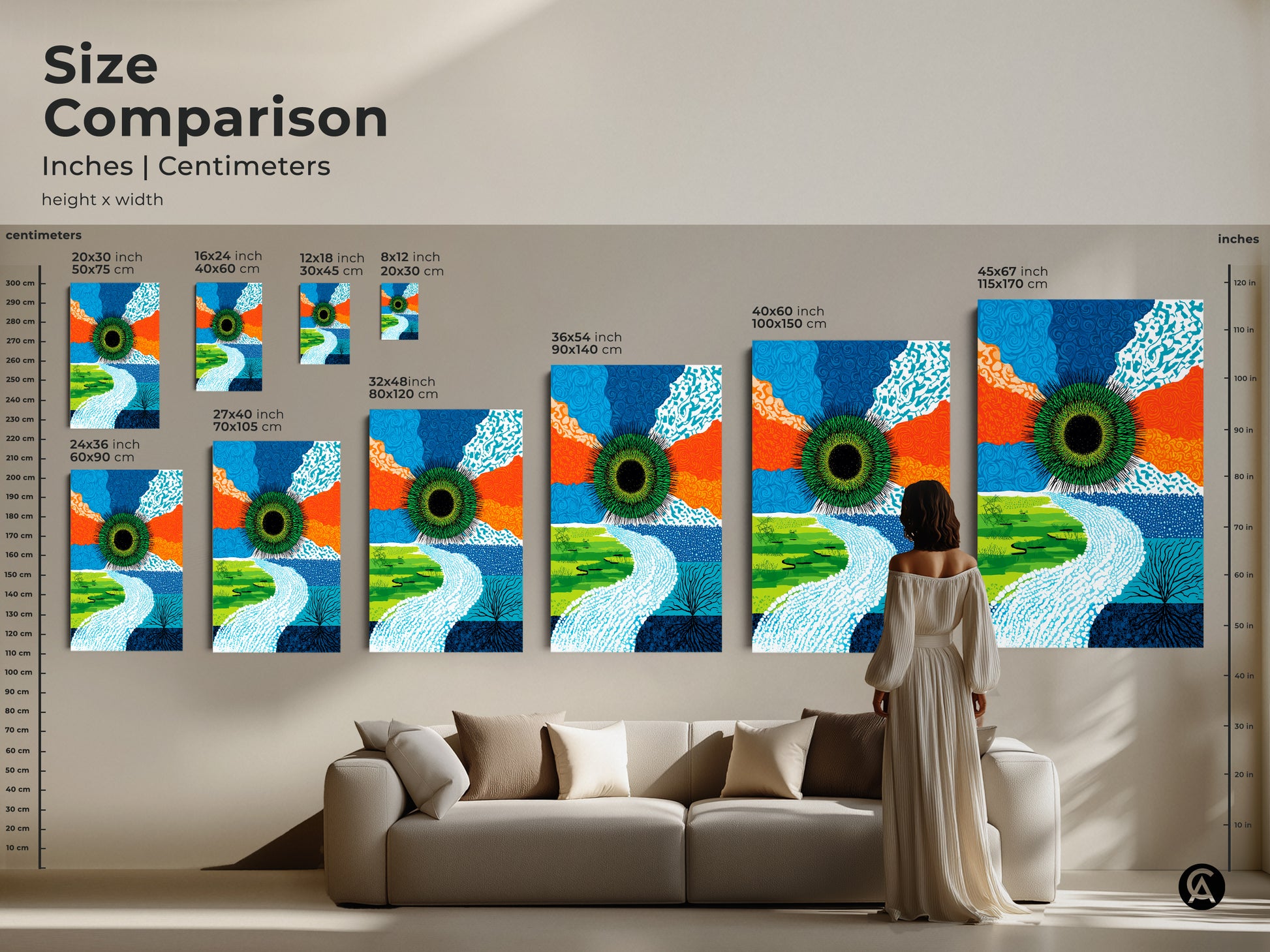 Size comparison of abstract green eye canvas and poster prints. Multiple sizes available in inches and centimeters. This contemporary artwork complements any room. Perfect modern wall art for home decor.