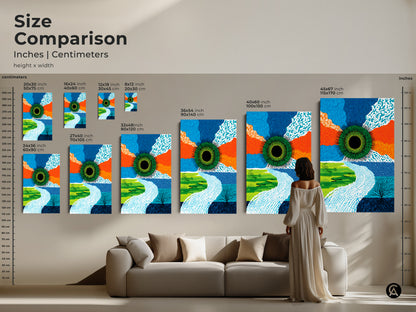 Size comparison of abstract green eye canvas and poster prints. Multiple sizes available in inches and centimeters. This contemporary artwork complements any room. Perfect modern wall art for home decor.