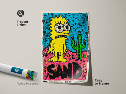 Poster Print of Simpsons Inspired Art. This museum-quality paper print features a yellow cartoon character and cactus. It is easy to frame and perfect for adding art to any room.