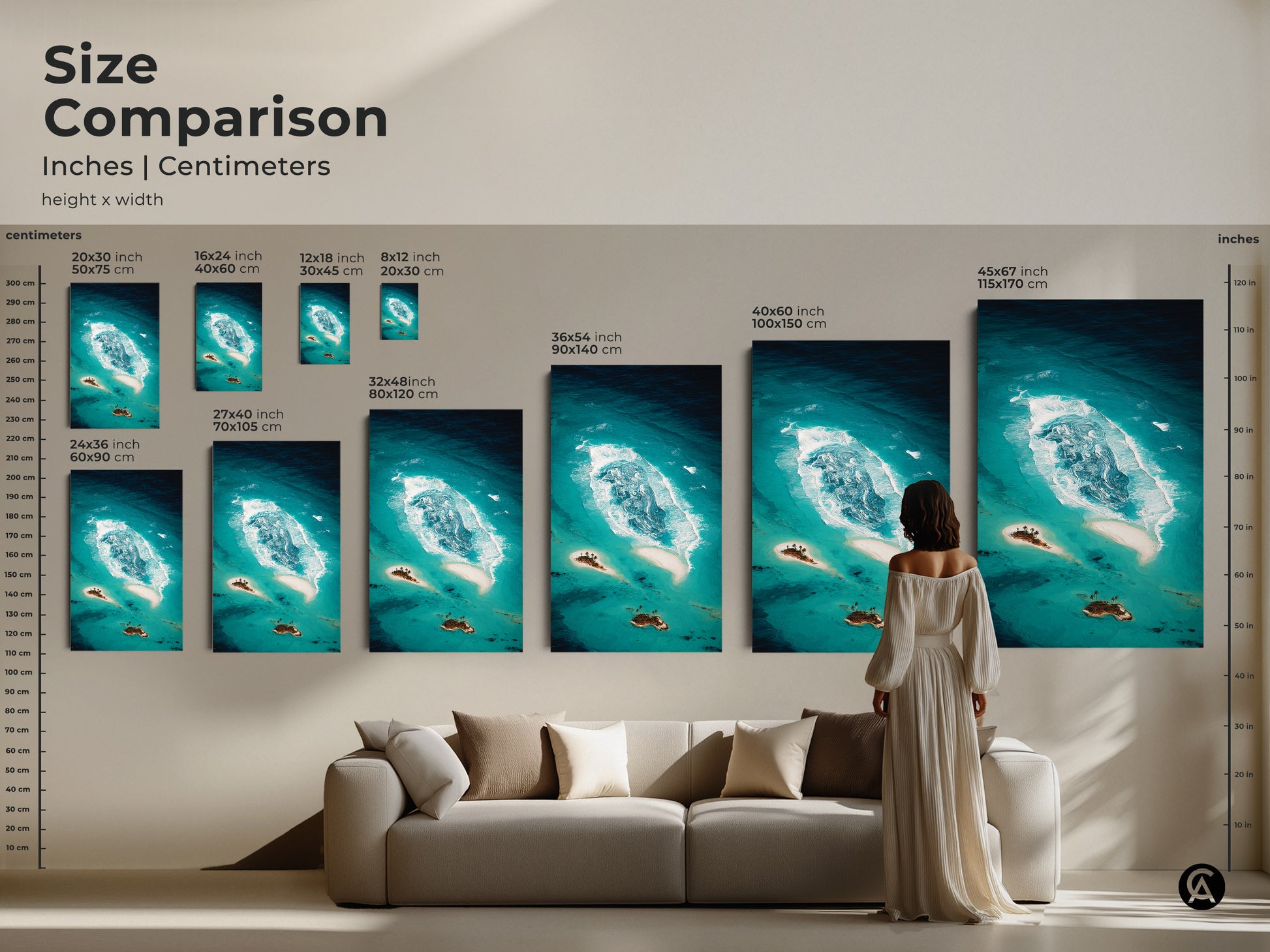 Size comparison of abstract teal ocean canvas prints in inches and centimeters. Ranging from 20x30 cm to 45x67 inches. This coastal island artwork fits any room. Visualize how this tropical beach landscape enhances your living space.