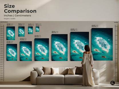 Size comparison of abstract teal ocean canvas prints in inches and centimeters. Ranging from 20x30 cm to 45x67 inches. This coastal island artwork fits any room. Visualize how this tropical beach landscape enhances your living space.