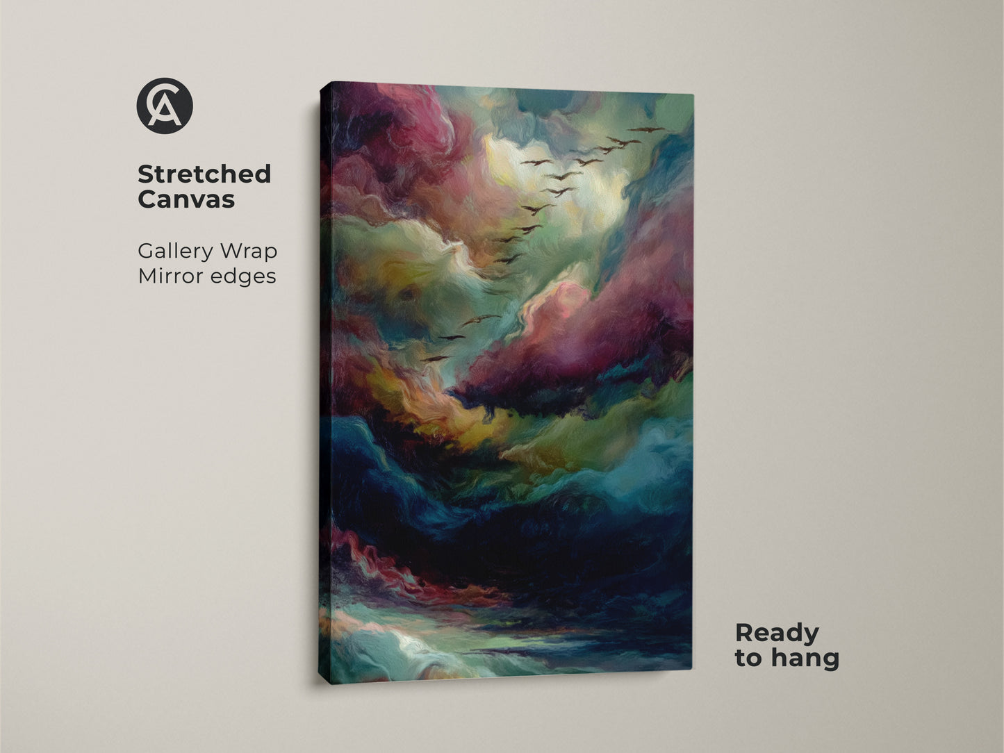 Stretched canvas print displaying abstract cloud art. The canvas has gallery wrapped mirror edges. This stunning artwork comes ready to hang. It features vibrant colors and a flock of birds in flight.