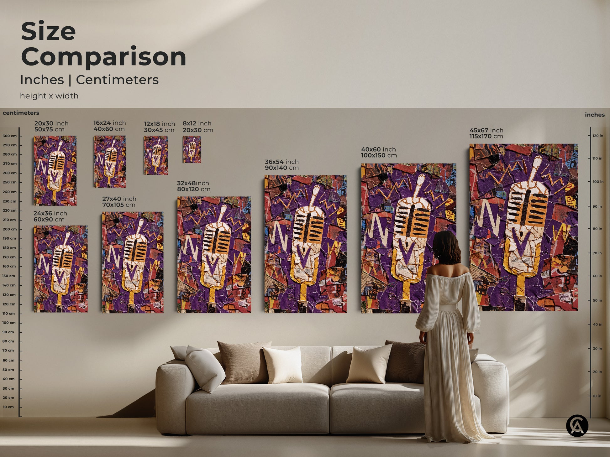 Size comparison of abstract music collage wall art. See the canvas in various sizes in inches and centimeters. The retro microphone print with a purple and yellow sound wave looks great in any space. Visualize the artwork from 20x30 cm to 115x170 cm dimensions.
