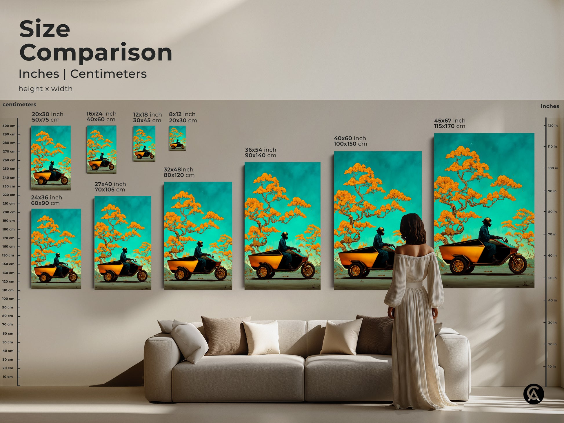 Compare sizes of this surreal trike and bonsai art print. Visualize inches and centimeters for canvas and poster options. This fantasy nature artwork enhances your eclectic living room decor.