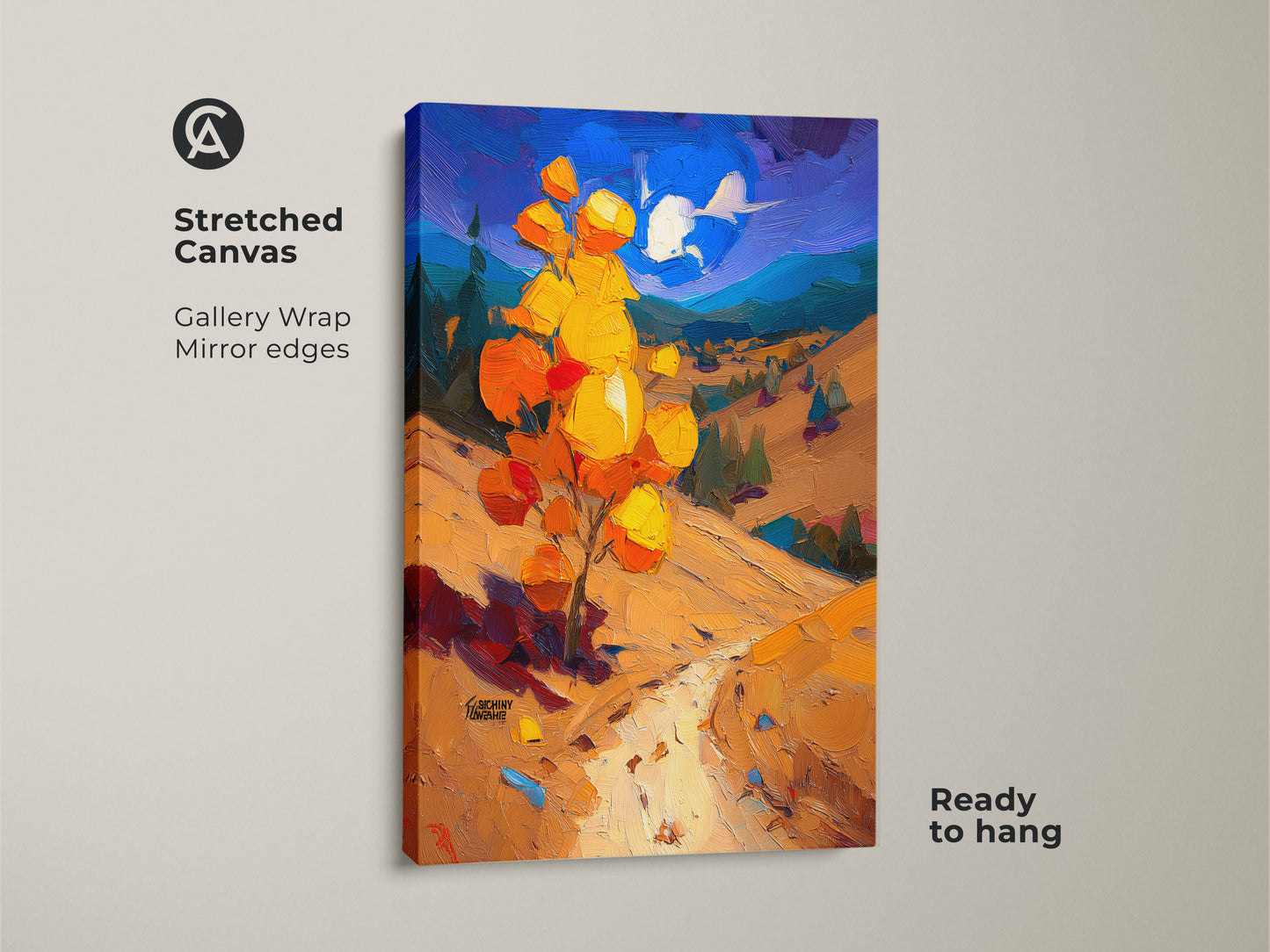 Stretched canvas print showcasing an impressionist autumn landscape. It has a yellow orange tree set against a purple and blue sky. Gallery wrapped with mirror edges this nature artwork is ready to hang.