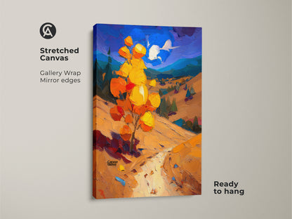 Stretched canvas print showcasing an impressionist autumn landscape. It has a yellow orange tree set against a purple and blue sky. Gallery wrapped with mirror edges this nature artwork is ready to hang.