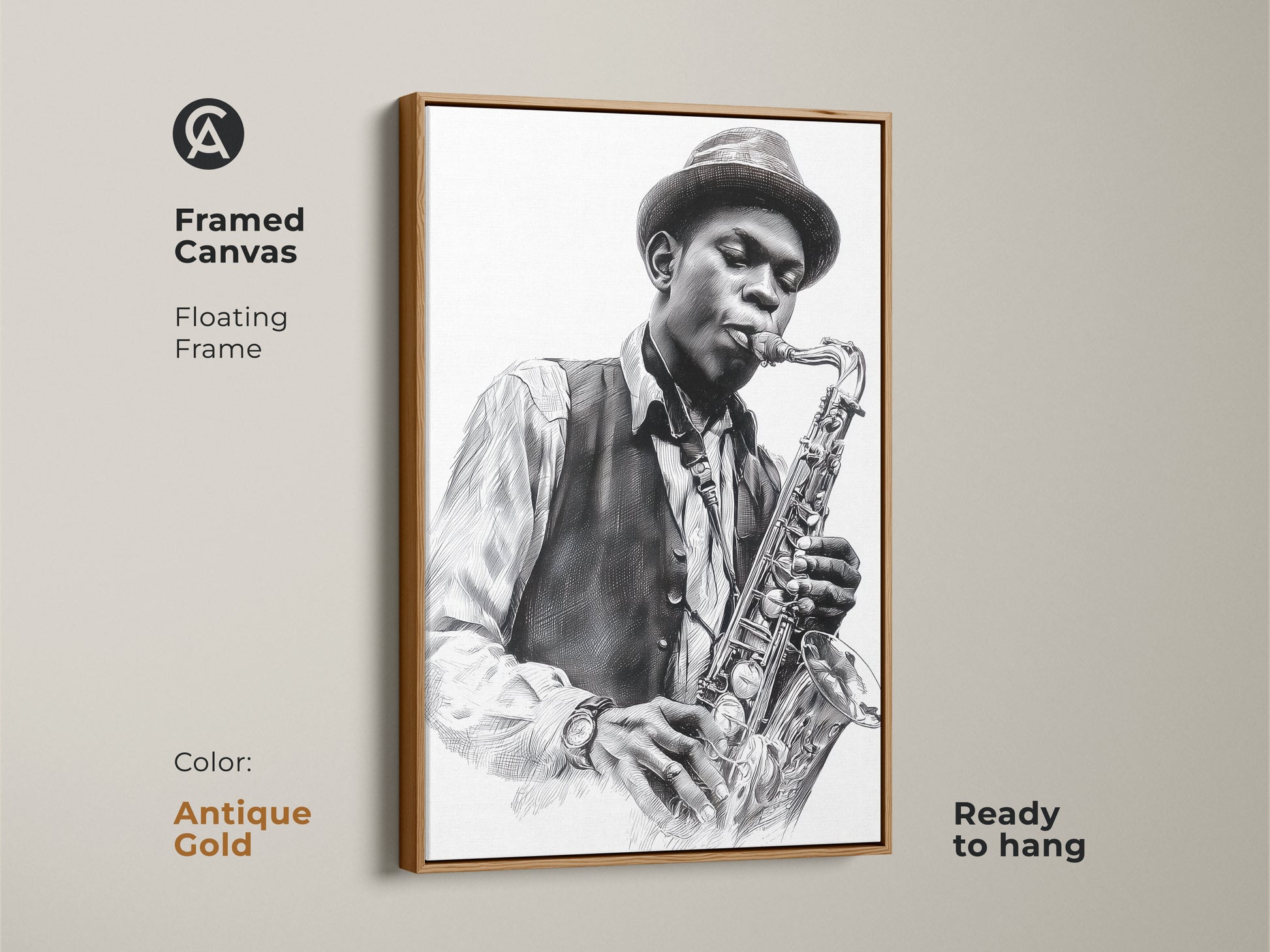 Framed canvas art featuring a saxophone player. The floating frame is antique gold. This art print adds a touch of elegance. Ready to hang this framed artwork enhances any space. Perfect for collectors. Shop now for framed canvas prints.
