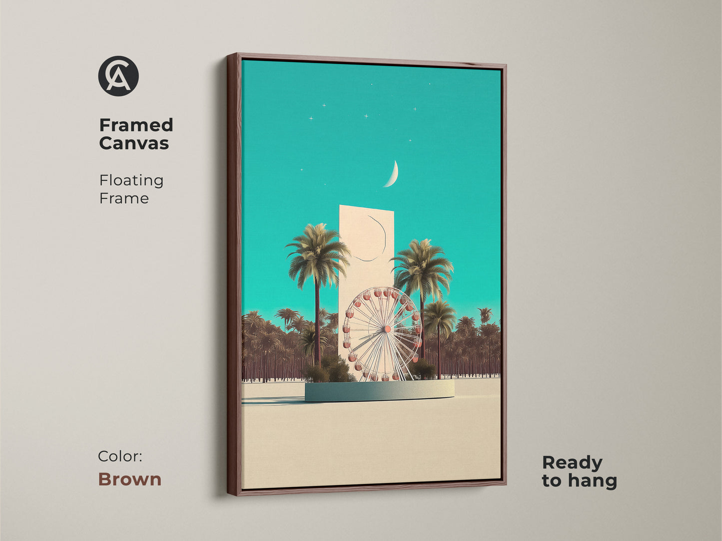 This Framed canvas artwork is in brown. Features a surreal Ferris wheel with palm trees. The colors are teal and beige. Ready to hang. It can be a vintage vacation poster for decoration.