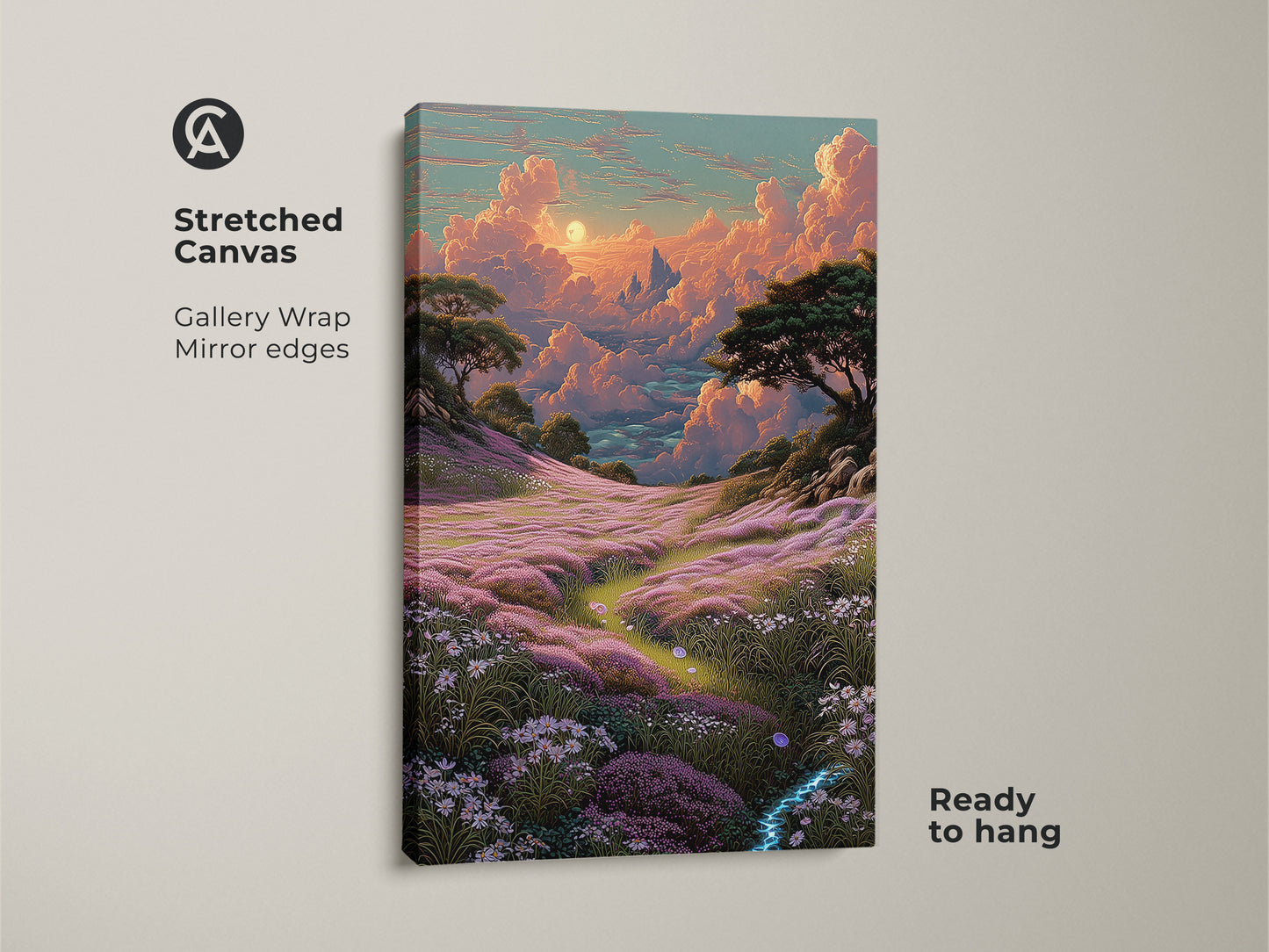 Stretched canvas of a dreamy cloud canvas print with flower field art decor. This bohemian nature scenery is pink orange and teal. It's ready to hang. The artistic landscape print shows a whimsical sky. A great scenic nature canvas for a housewarming gift. Enhance your bedroom or living room with this fantasy landscape.