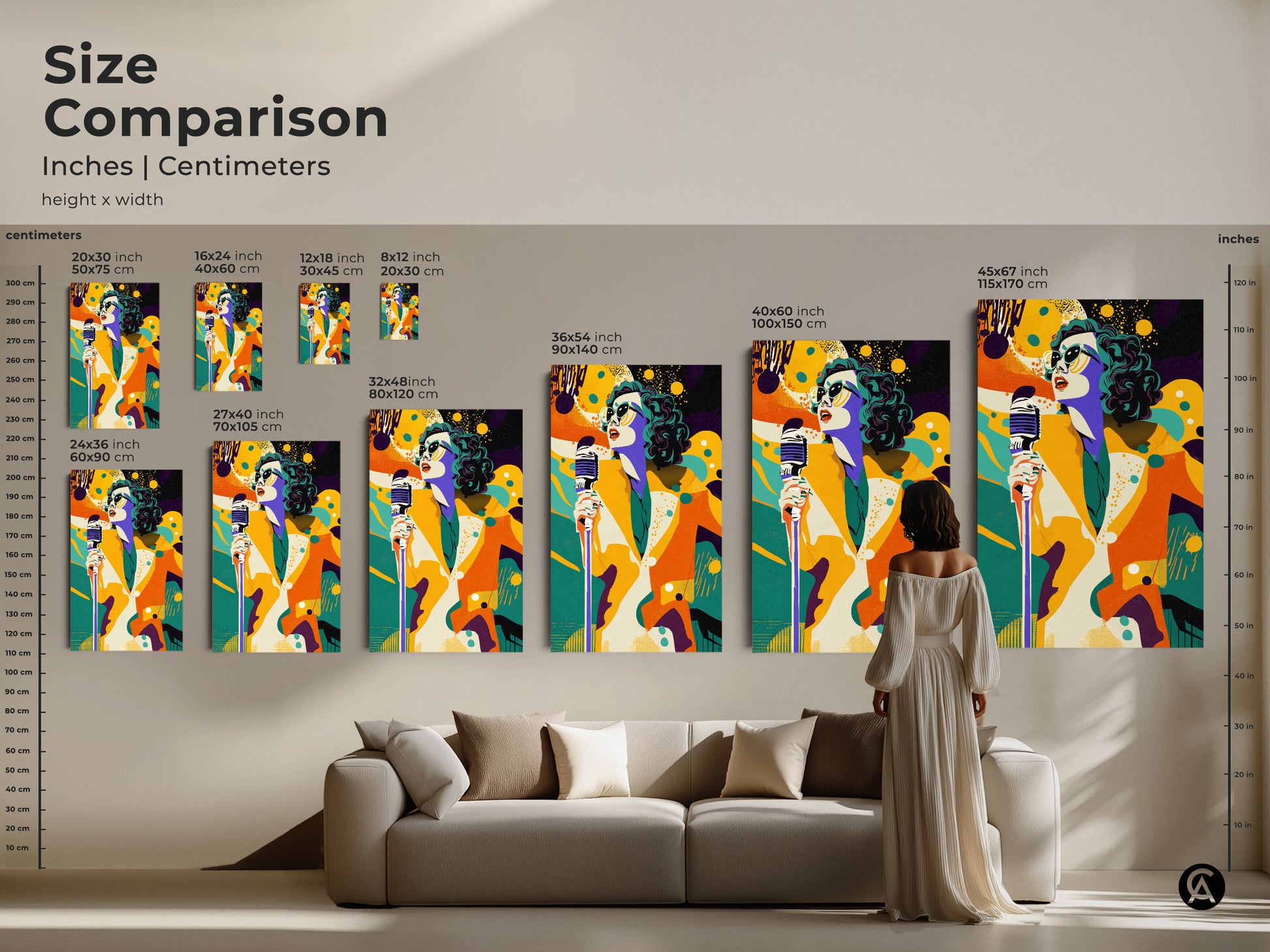 Size comparison of retro pop art singer prints in a living room. The artwork sizes range from small to extra large. The colorful singer with a vintage microphone adds a vibrant touch.