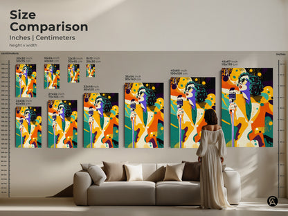 Size comparison of retro pop art singer prints in a living room. The artwork sizes range from small to extra large. The colorful singer with a vintage microphone adds a vibrant touch.