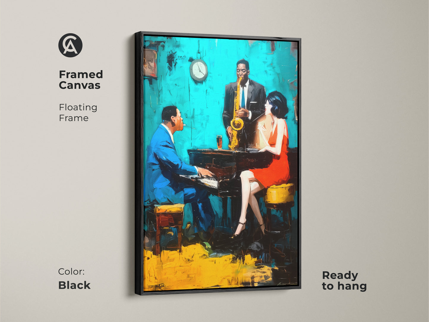 Enhance your art collection with this framed canvas print. The floating frame adds a touch of sophistication to this lively jazz club artwork. The black frame complements the rich colors of the piano sax and red dress. Ready to hang and enjoy!