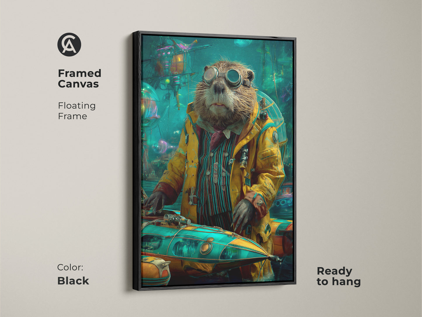 The framed canvas shows a steampunk otter in an underwater scene. The black floating frame accentuates this teal yellow artwork. Ready to hang the office decor is both unique and stylish. The animal pilot artwork is a perfect gift.